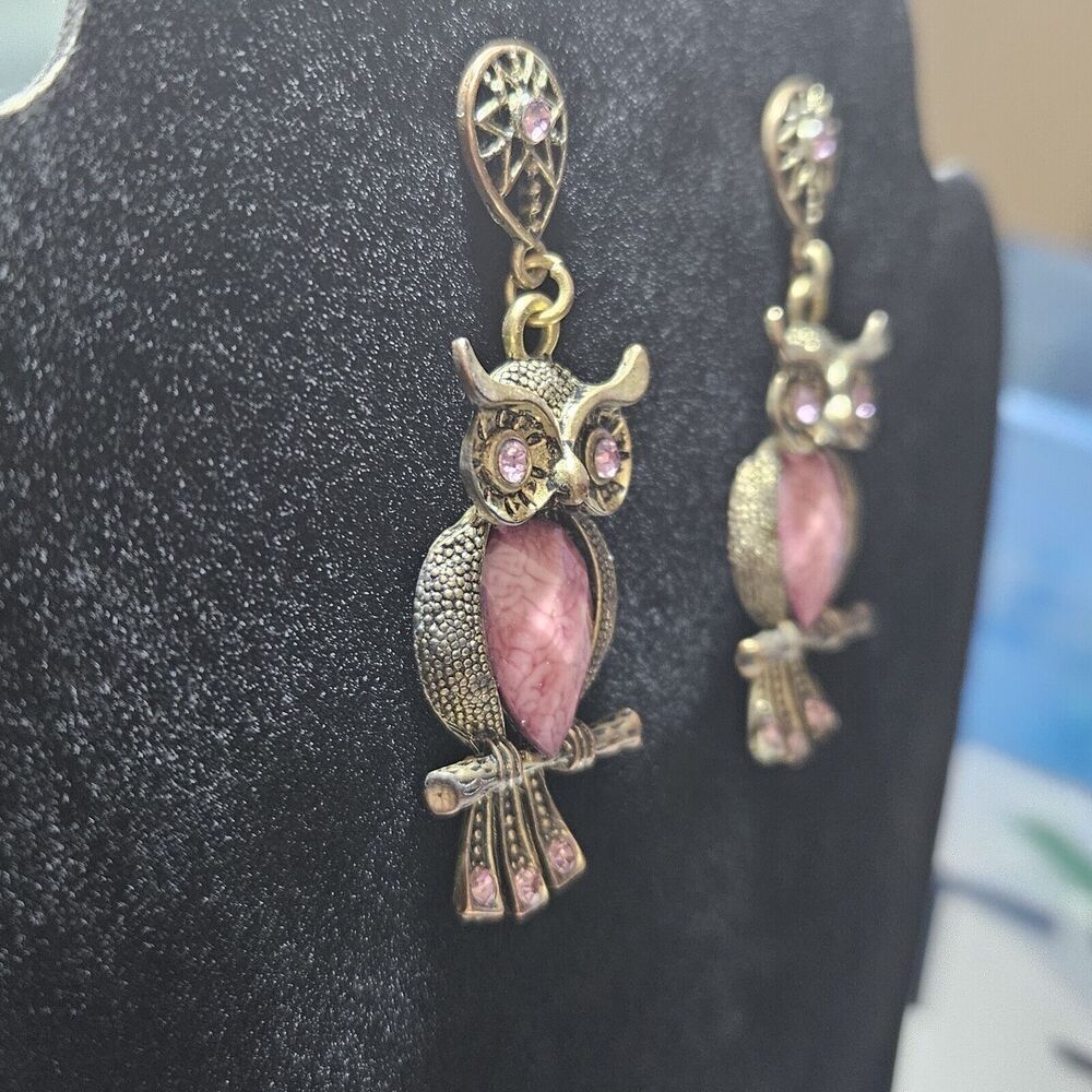 Gold Tone Dangling Owl With Purple Earrings - Picture 5 of 11